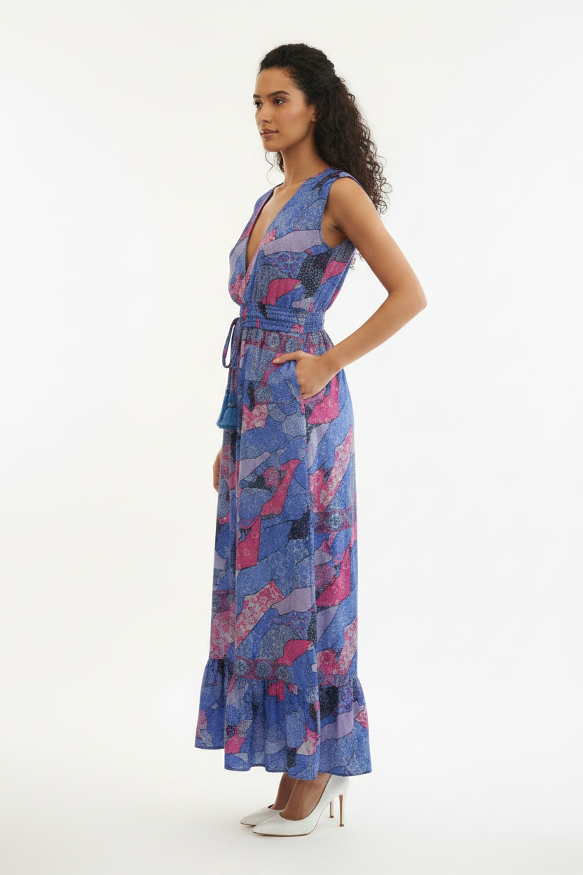 Robe Longue Patchwork Bohème Bleue Rose - Taille Unique