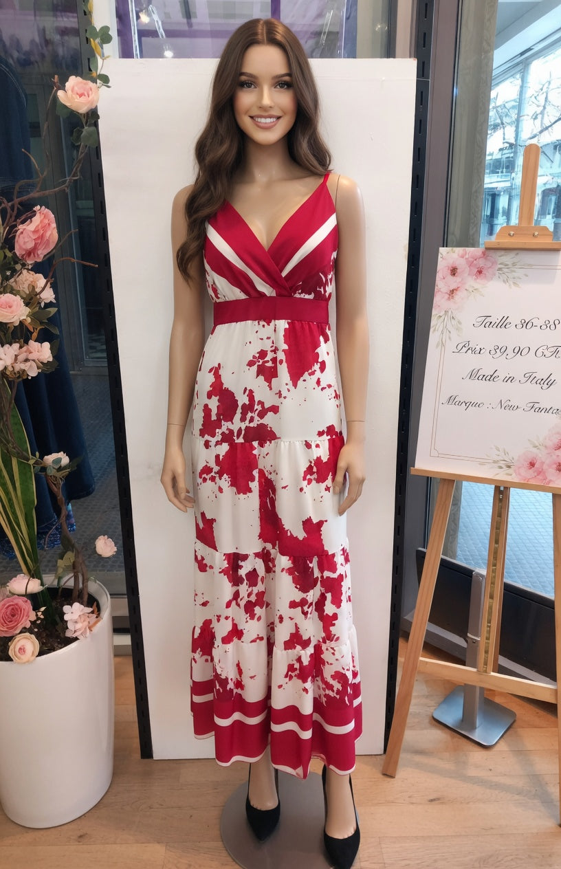 39,90 chf - Taille 36-38 - ✨ Robe longue New Fantasia rouge & blanc – Élégance italienne ! ✨