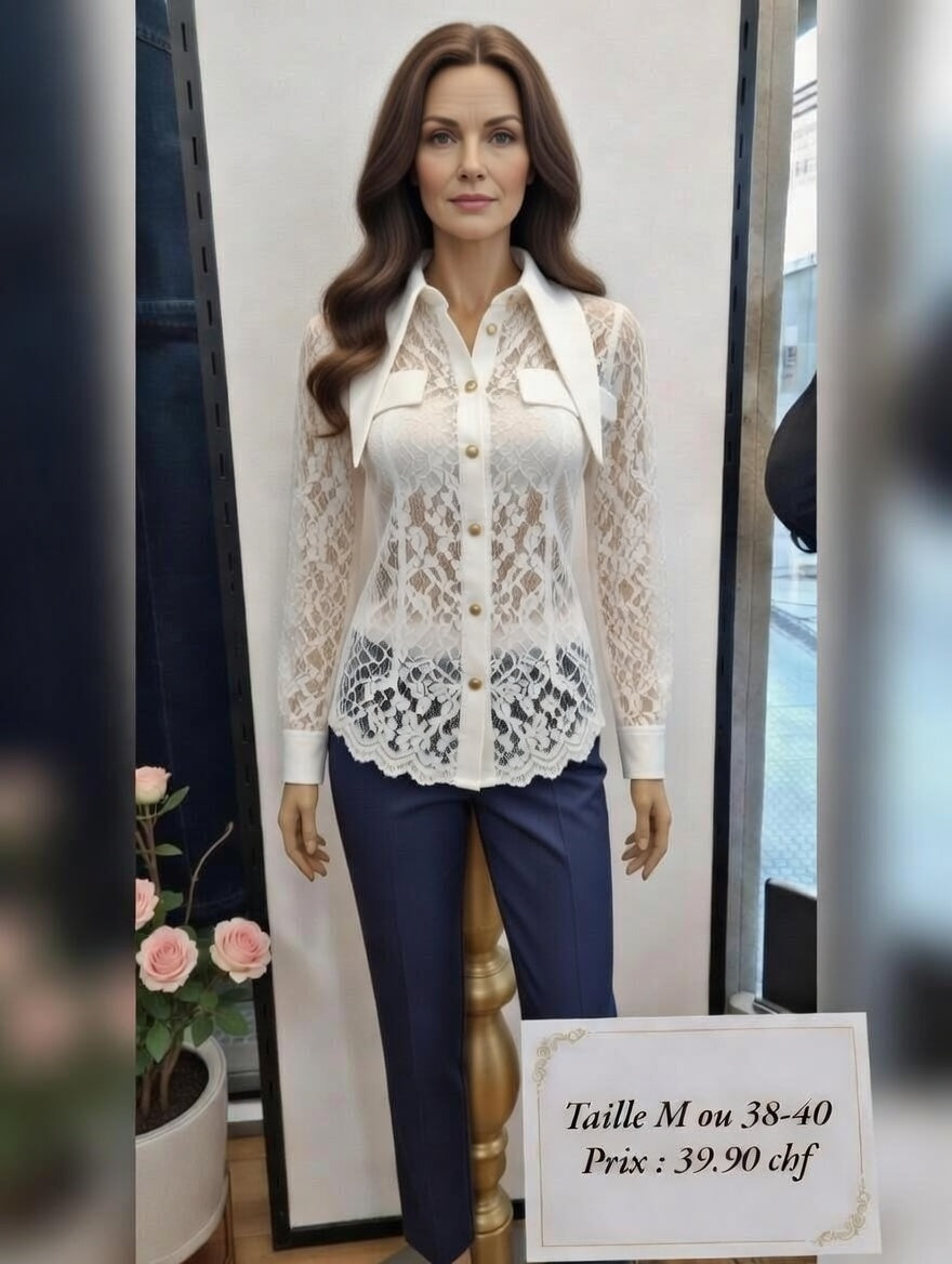 39,90 chf - Taille M ou 38-40 - Élégante Blouse en Dentelle Blanche et Pantalon Marine – Chic et Abordable !