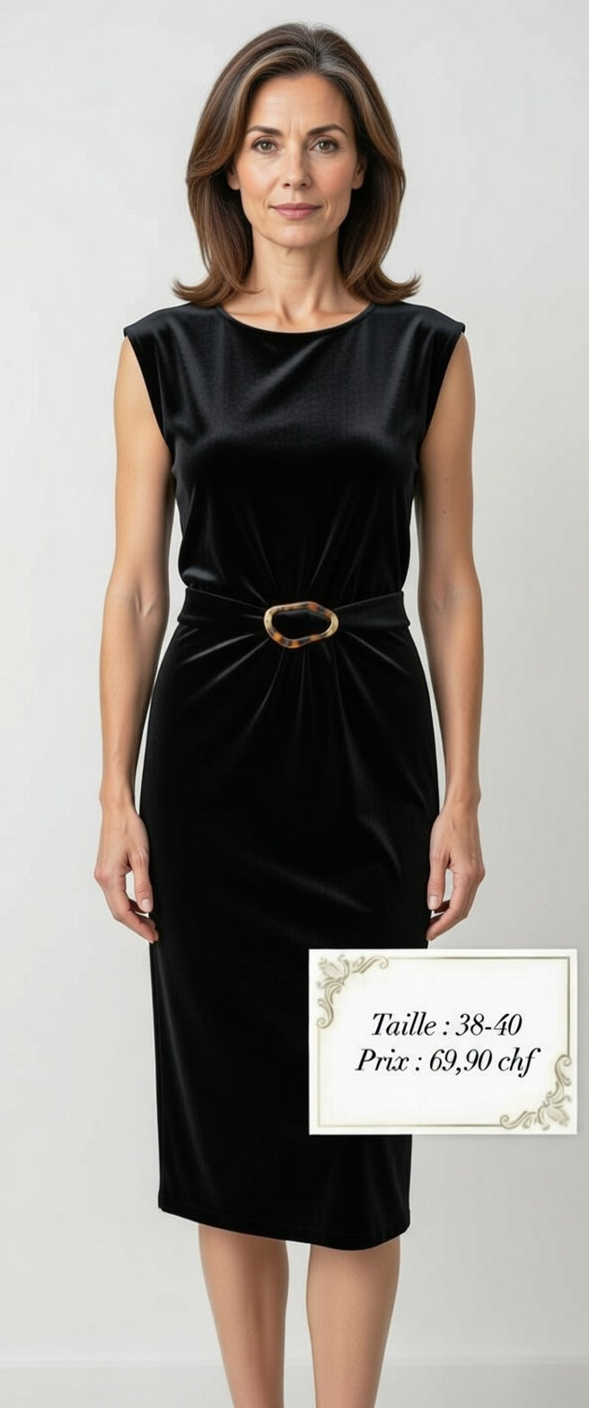 69,90 chf - Taille 38-40- Robe Noire Velours Élégante avec Ceinture Design !