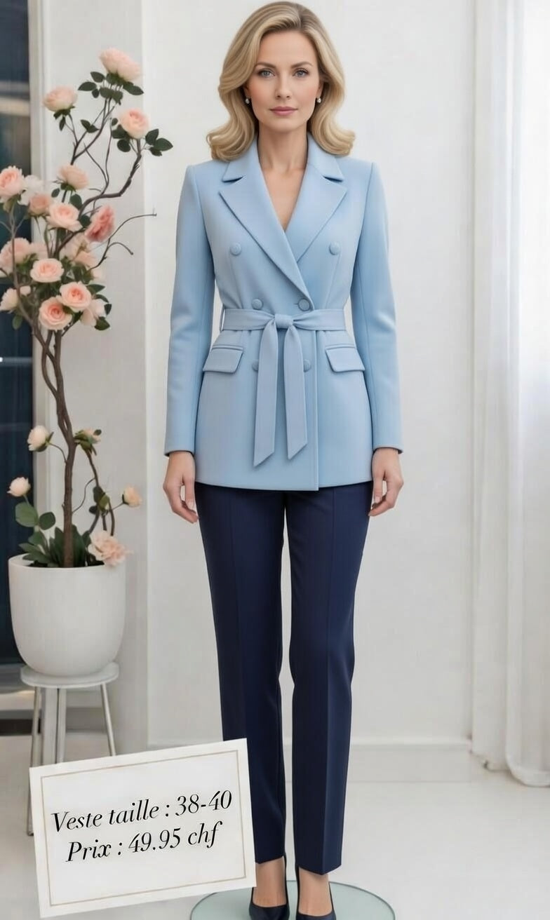 49,95 chf - Taille 38-40 - Veste Bleu Ciel Croisée Ceinturée – Élégance Pastel !