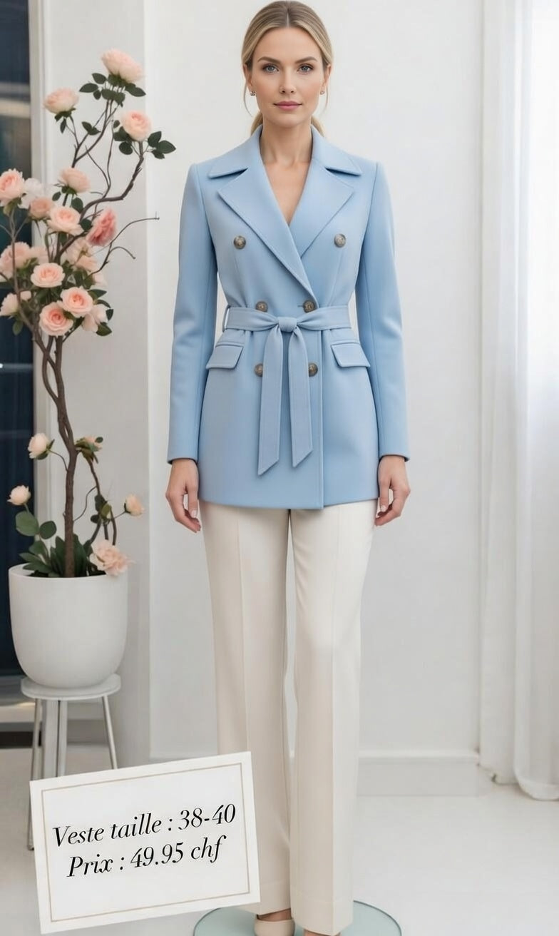 49,95 chf - Taille 38-40 - Veste Bleu Ciel Croisée Ceinturée – Élégance Pastel !