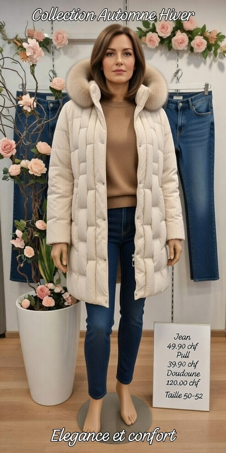 209,80 chf - Prix de l'ensemble mais chaque pièce peut être vendu séparément - Taille 50-52 - Ensemble grande taille - Doudoune, pull et jean !