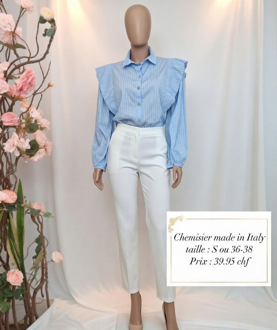 39,95 chf - Taille S ou 36-38 - Blouse Bleue Rayée à Épaules Frangées – Élégance Italienne !