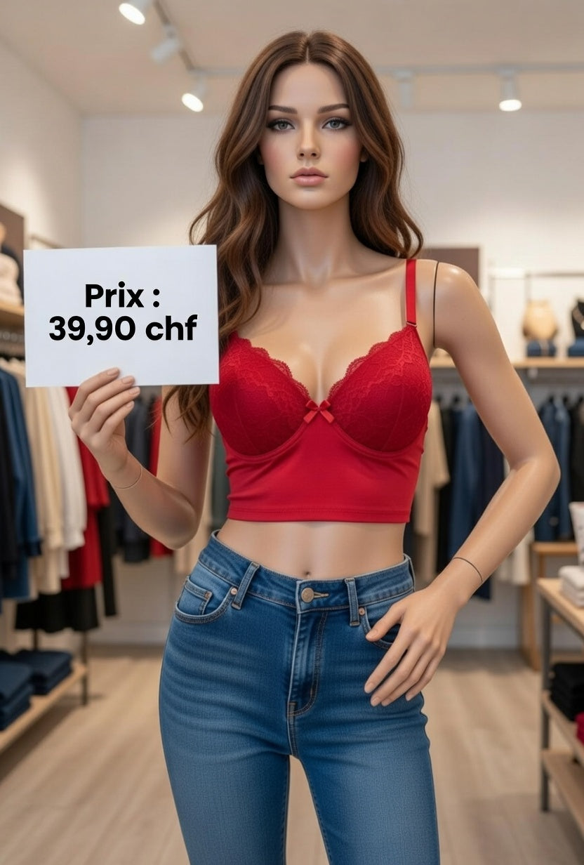 39,90 chf - Soutien-gorge en dentelle rouge passion – Nœud coquin ! Soutien-gorge push-up - Dispo en taille S, M, L, XL et XXL