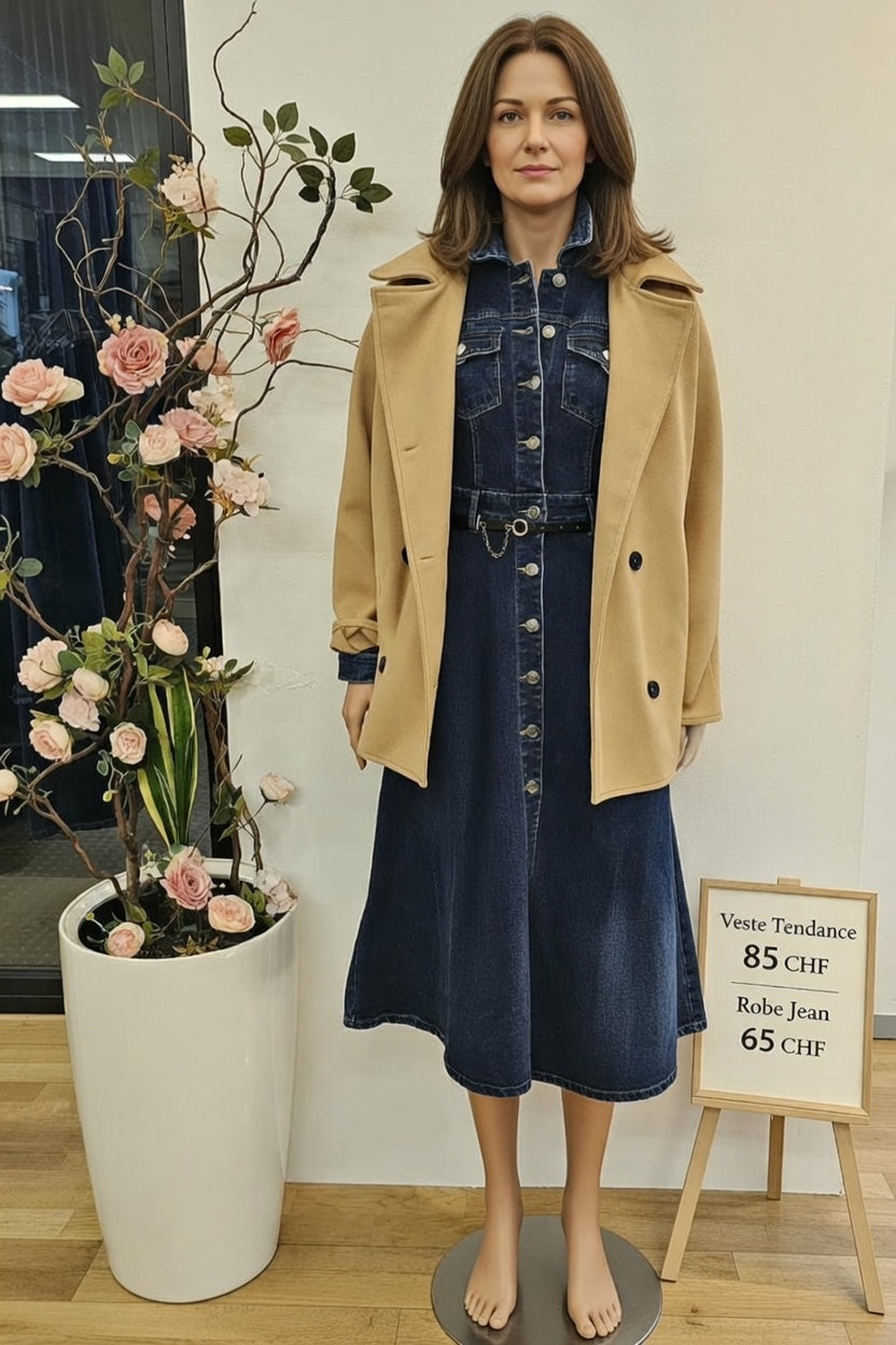 150, 00 chf - Prix de l'ensemble mais chaque pièce peut être vendu séparément - Taille 38-40 - Robe en Jean chic + Camel audacieux = coup de cœur garanti !