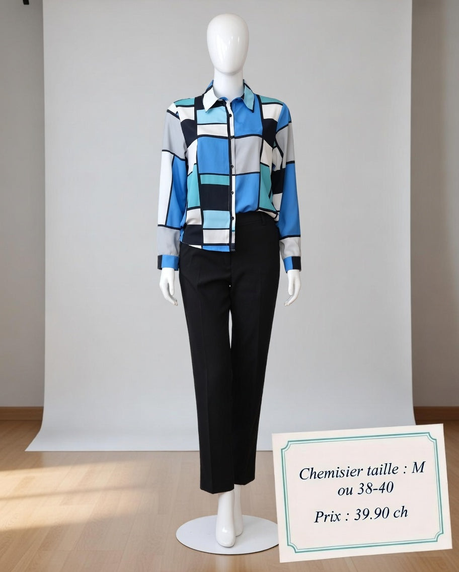 39,90 chf - Taille : M ou 38-40 - Chemisier Géométrique Bleu Multicolore – Élégance Graphique Raffinée