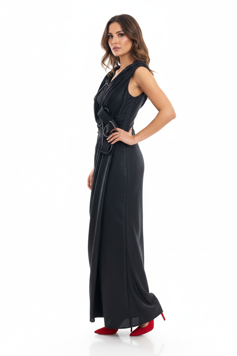 Robe Longue Noire Drapée - MELIKE Istanbul - Taille 40 - Made in Turkey - Pièce unique