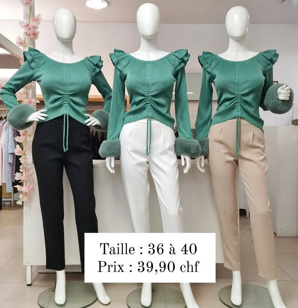 35,00 chf - 36-40 - Pull Vert Menthe Ruché avec Épaules Volantées et Manches Fourrure – Chic et Tendance pour l'Hiver !