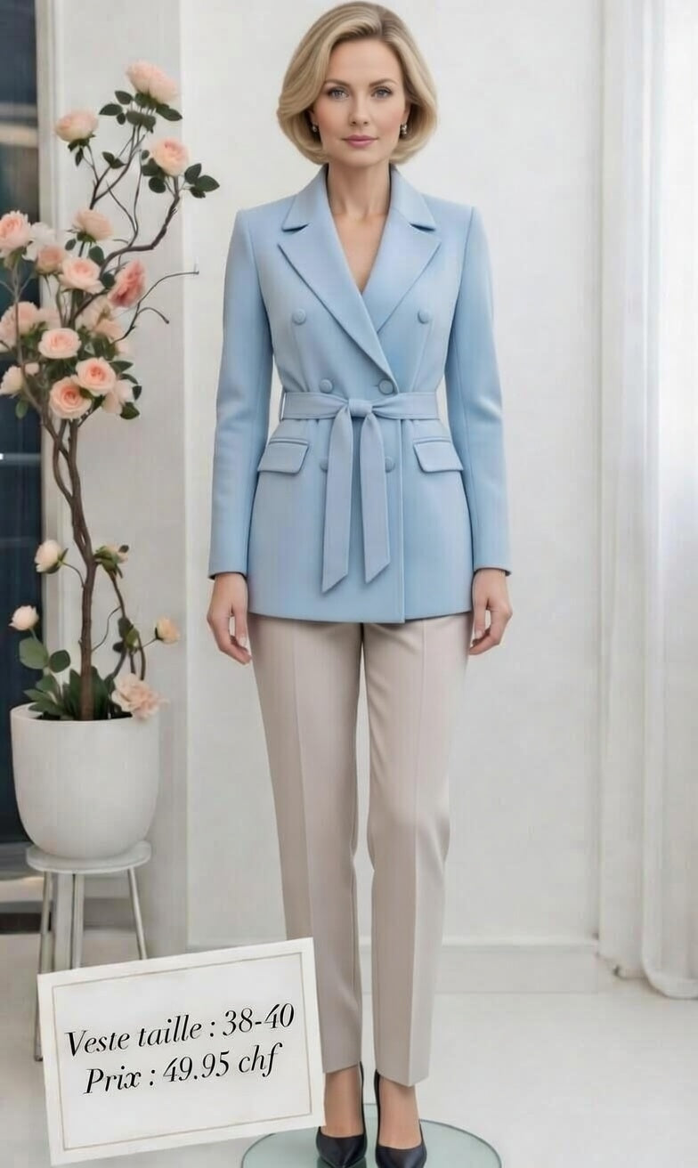 49,95 chf - Taille 38-40 - Veste Bleu Ciel Croisée Ceinturée – Élégance Pastel !