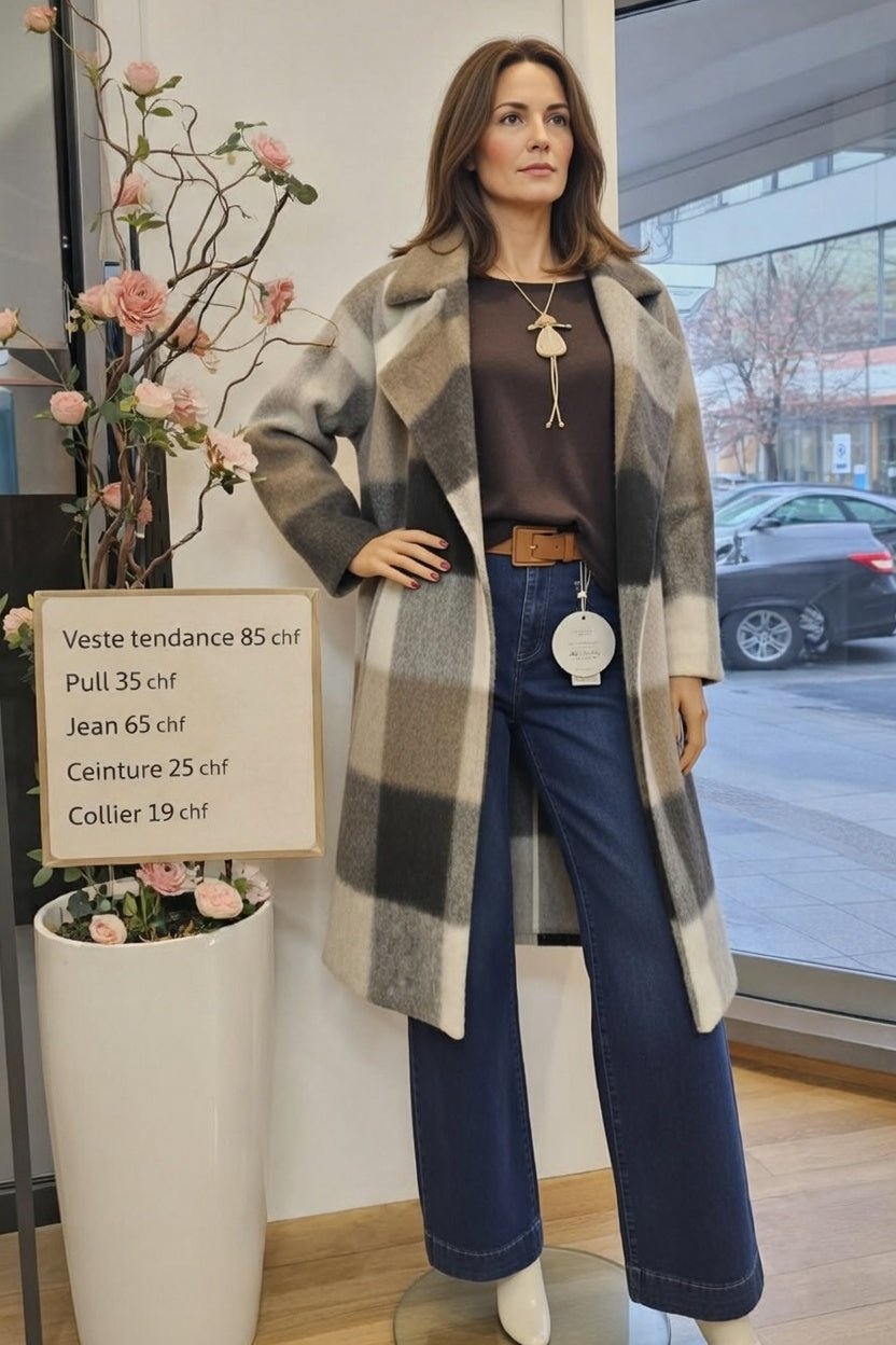 229,00 chf - Prix de l'ensemble mais chaque pièce peut être vendu séparément - Taille 40-42 - Élégance moderne et confort au quotidien, craquez pour cette veste à carreaux ultra actuelle, pull cosy, jean à la coupe flatteuse et accessoires assortis !