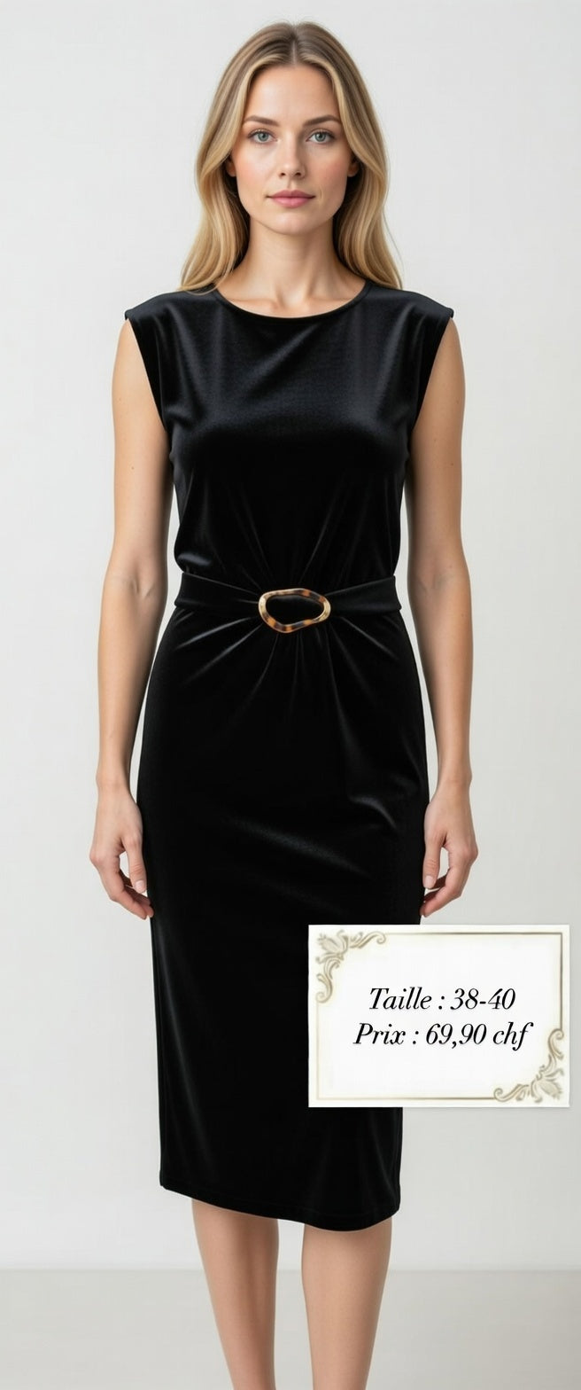 69,90 chf - Taille 38-40- Robe Noire Velours Élégante avec Ceinture Design !