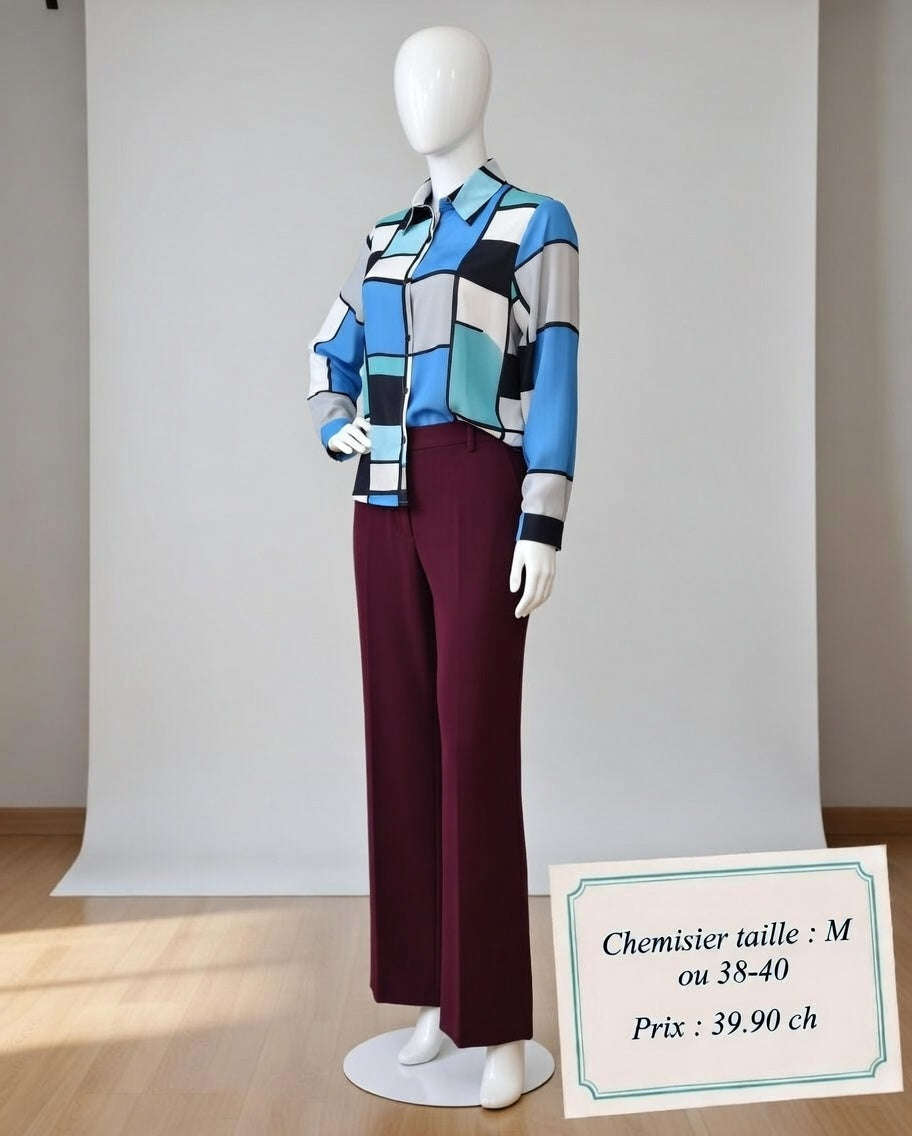 39,90 chf - Taille : M ou 38-40 - Chemisier Géométrique Bleu Multicolore – Élégance Graphique Raffinée