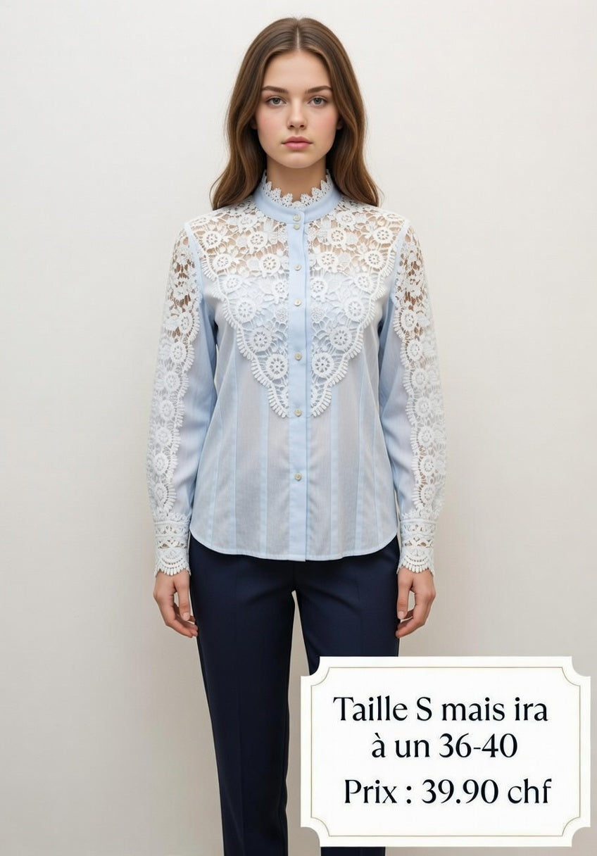 39,90 chf - Taille 36-40 - Chemisier dentelle romantique bleu ciel – Élégance raffinée