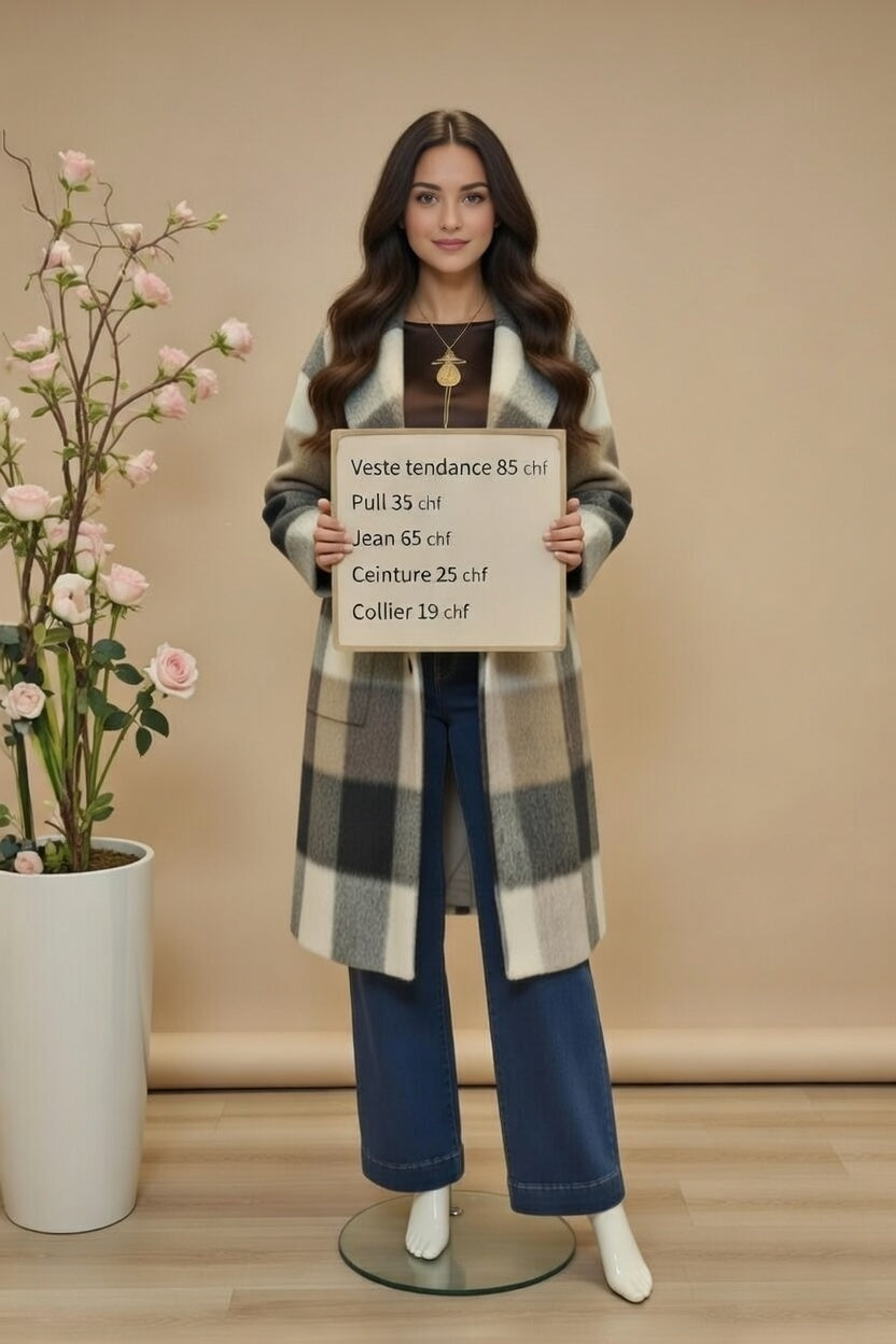 229,00 chf - Prix de l'ensemble mais chaque pièce peut être vendu séparément - Taille 40-42 - Élégance moderne et confort au quotidien, craquez pour cette veste à carreaux ultra actuelle, pull cosy, jean à la coupe flatteuse et accessoires assortis !