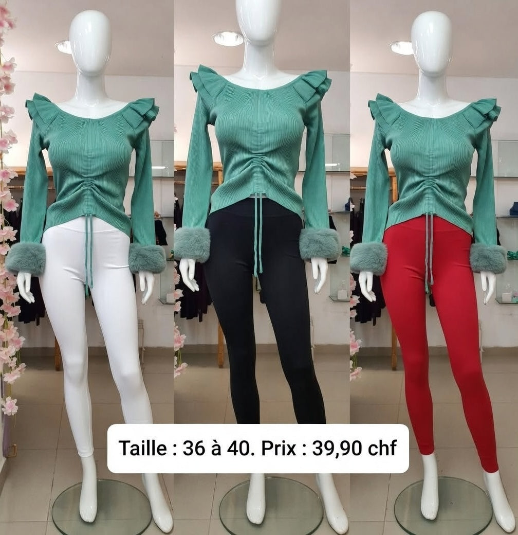 35,00 chf - 36-40 - Pull Vert Menthe Ruché avec Épaules Volantées et Manches Fourrure – Chic et Tendance pour l'Hiver !