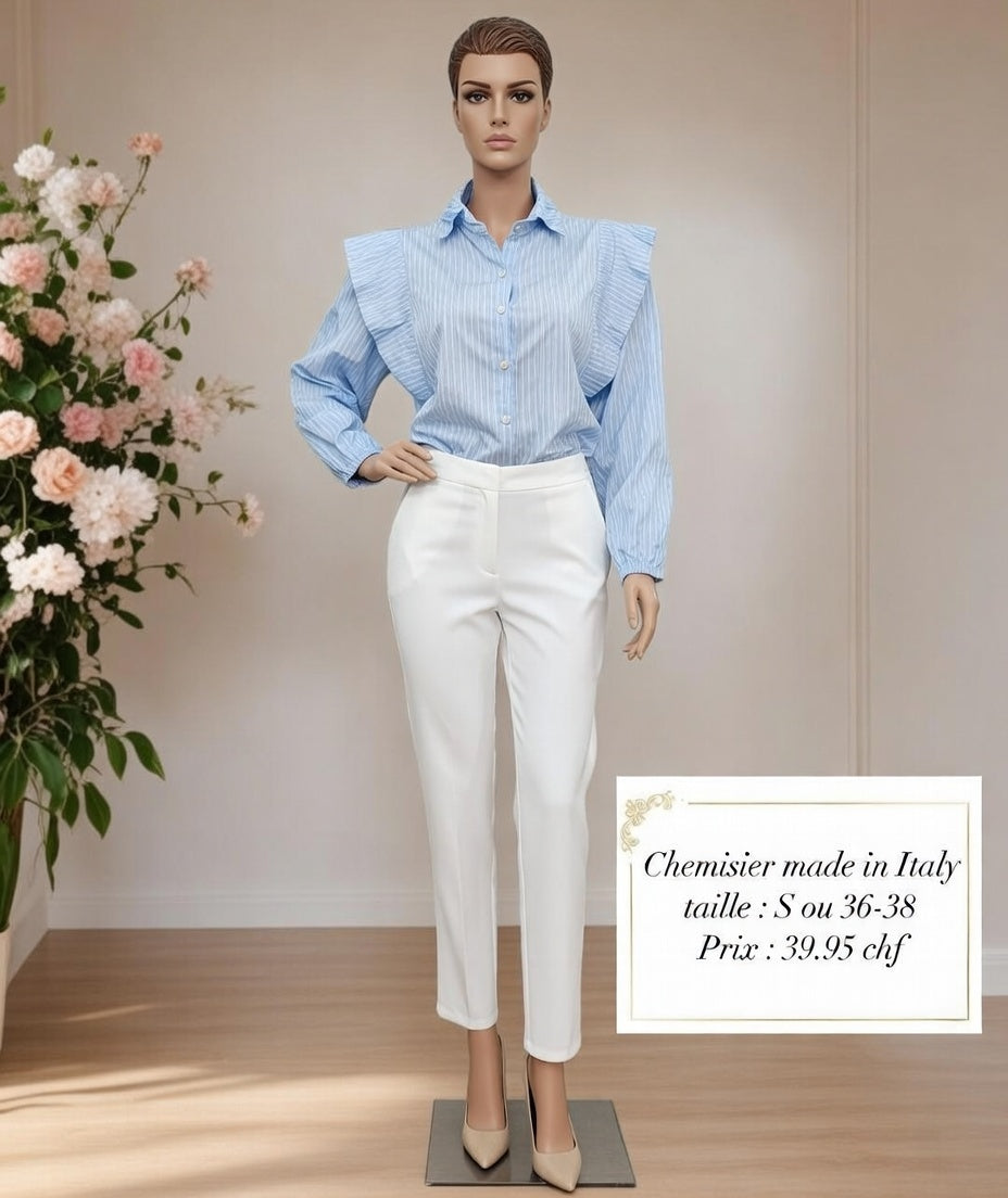 39,95 chf - Taille S ou 36-38 - Blouse Bleue Rayée à Épaules Frangées – Élégance Italienne !