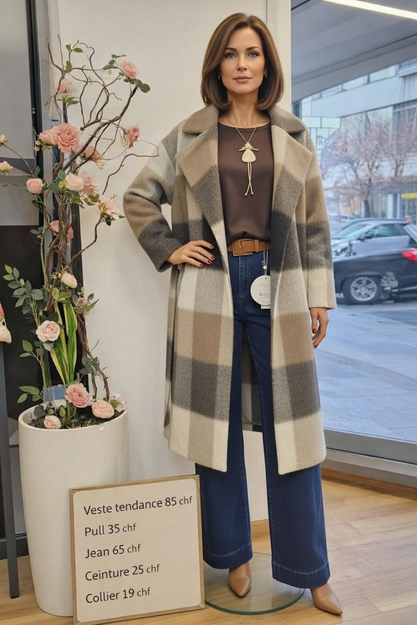 229,00 chf - Prix de l'ensemble mais chaque pièce peut être vendu séparément - Taille 40-42 - Élégance moderne et confort au quotidien, craquez pour cette veste à carreaux ultra actuelle, pull cosy, jean à la coupe flatteuse et accessoires assortis !