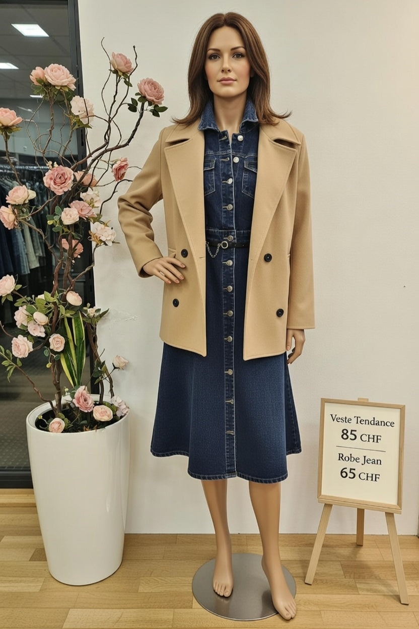 150, 00 chf - Prix de l'ensemble mais chaque pièce peut être vendu séparément - Taille 38-40 - Robe en Jean chic + Camel audacieux = coup de cœur garanti !