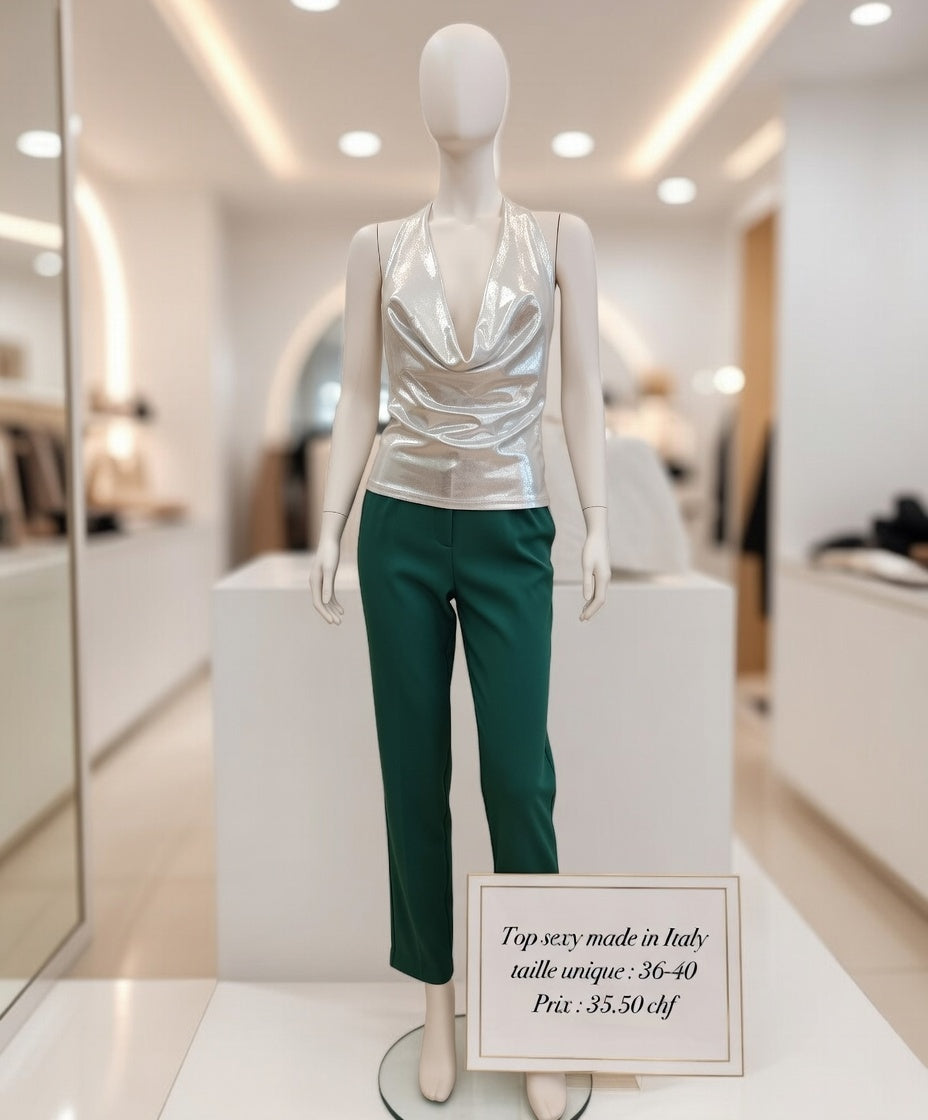 35,50 chf - Taille 36-40 - Haut Scintillant Argent Drapé – Glamour Italien Ultime  !