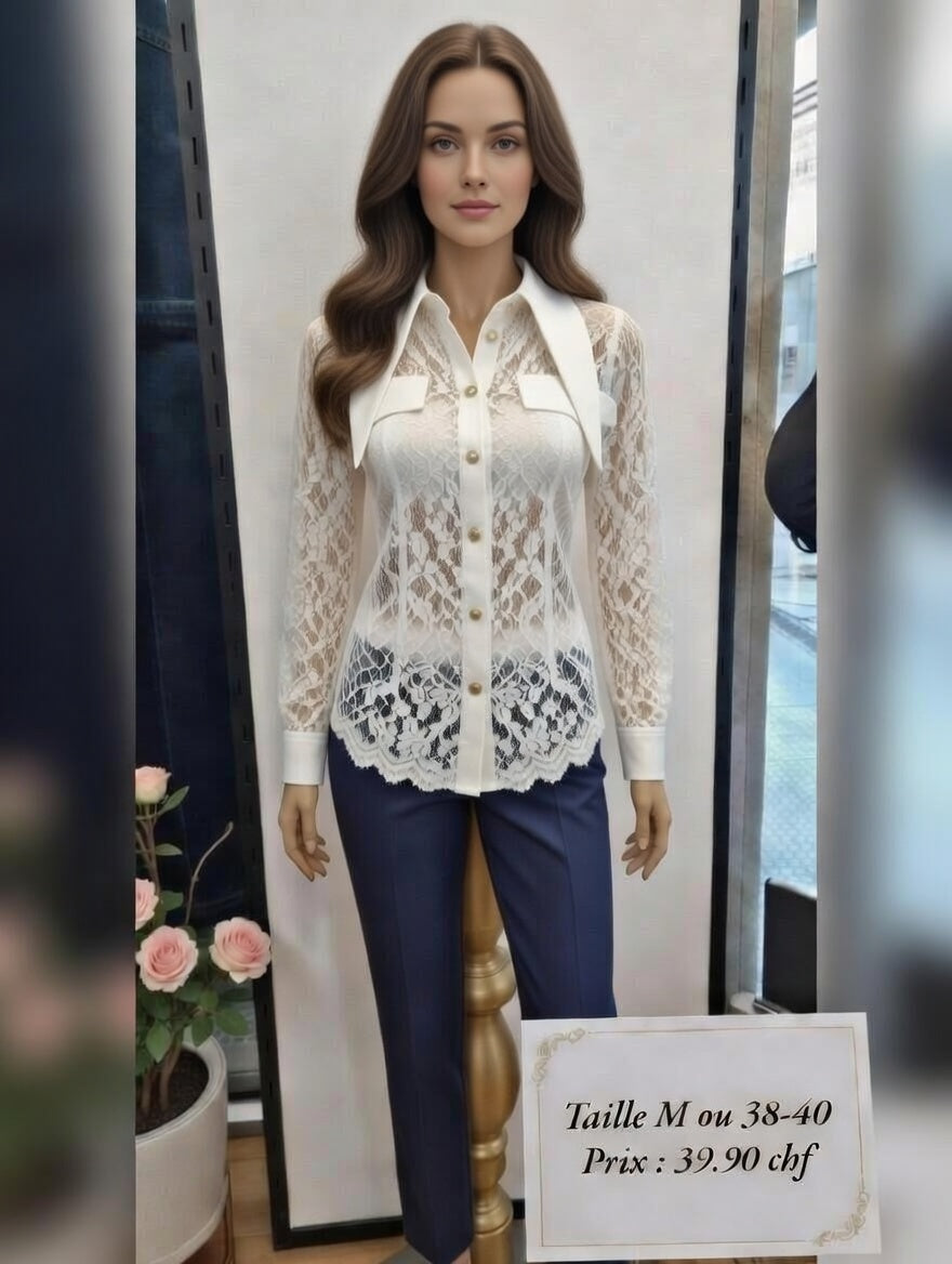 39,90 chf - Taille M ou 38-40 - Élégante Blouse en Dentelle Blanche et Pantalon Marine – Chic et Abordable !