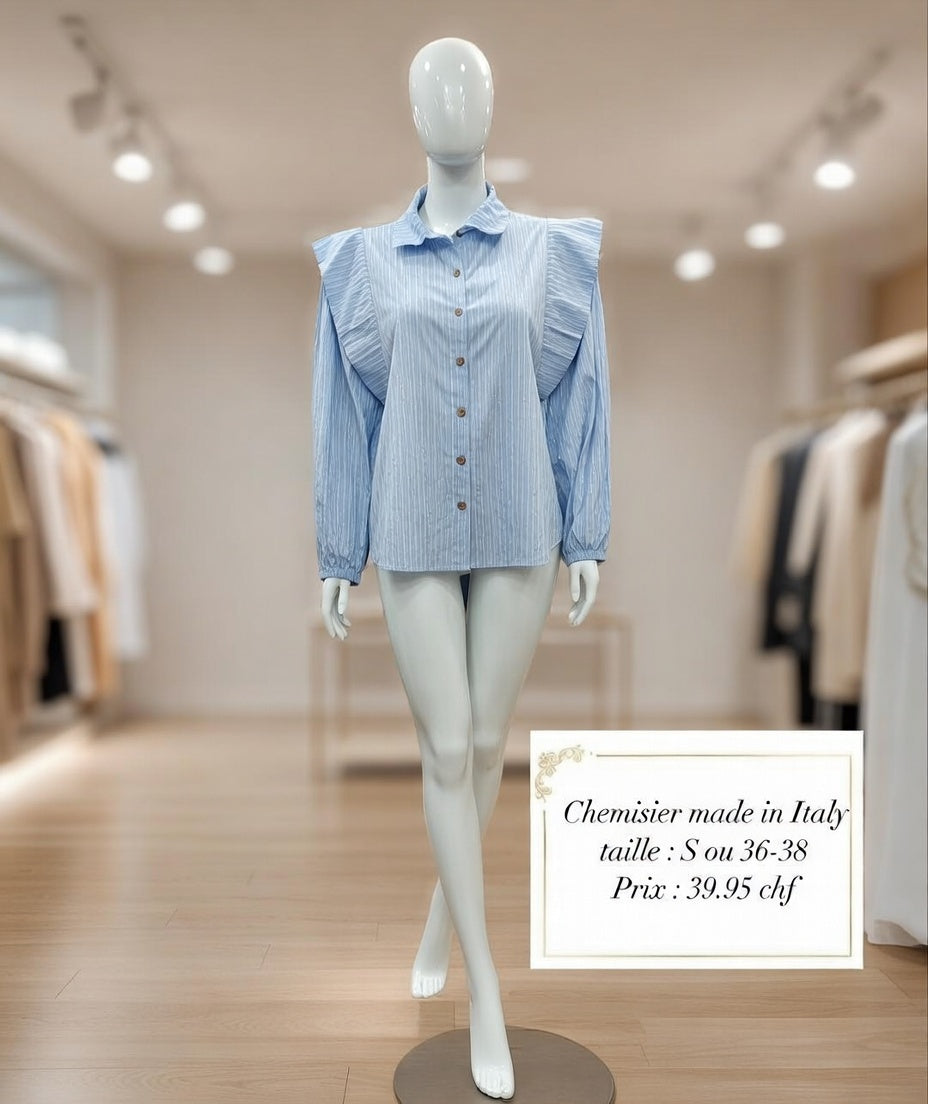 39,95 chf - Taille S ou 36-38 - Blouse Bleue Rayée à Épaules Frangées – Élégance Italienne !