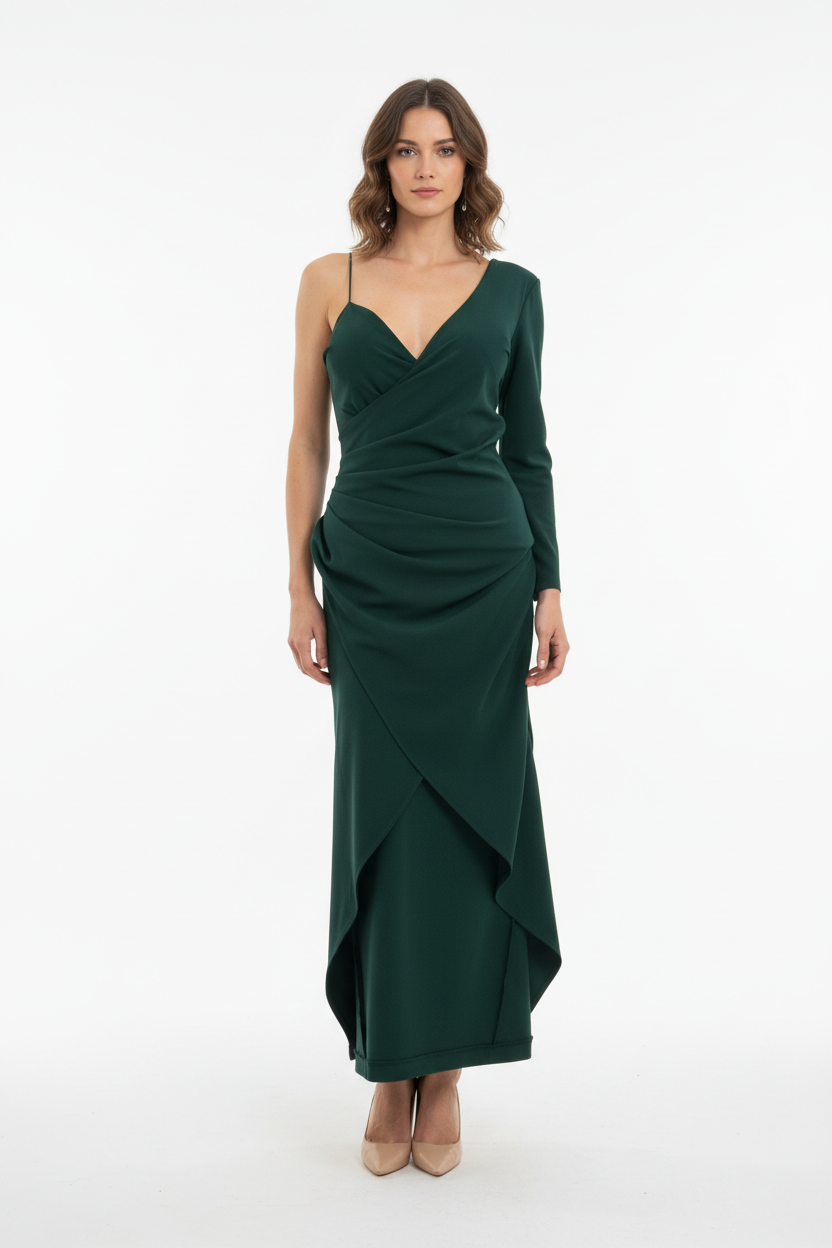 Robe Émeraude Une Épaule - CHANGE OFF - Taille 36-38 - Made in Italy - Pièce unique
