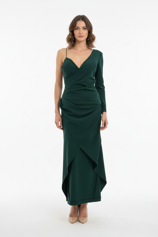Robe Émeraude Une Épaule - CHANGE OFF - Taille 36-38 - Made in Italy - Pièce unique