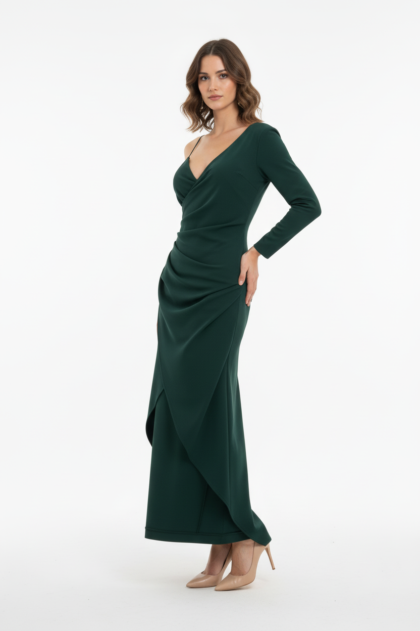 Robe Émeraude Une Épaule - CHANGE OFF - Taille 36-38 - Made in Italy - Pièce unique